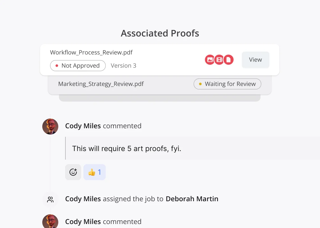 Job tracking interface showing multiple proofs organized under a single job