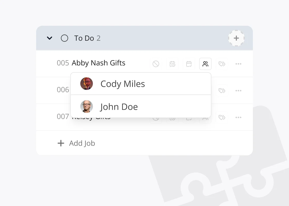 Job tracking collaboration features showing team member assignments and comments