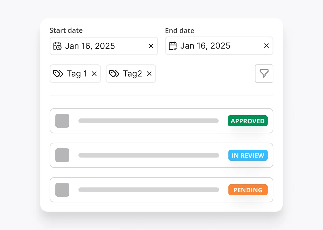 Job tracking timeline interface showing start dates, end dates, and status tracking