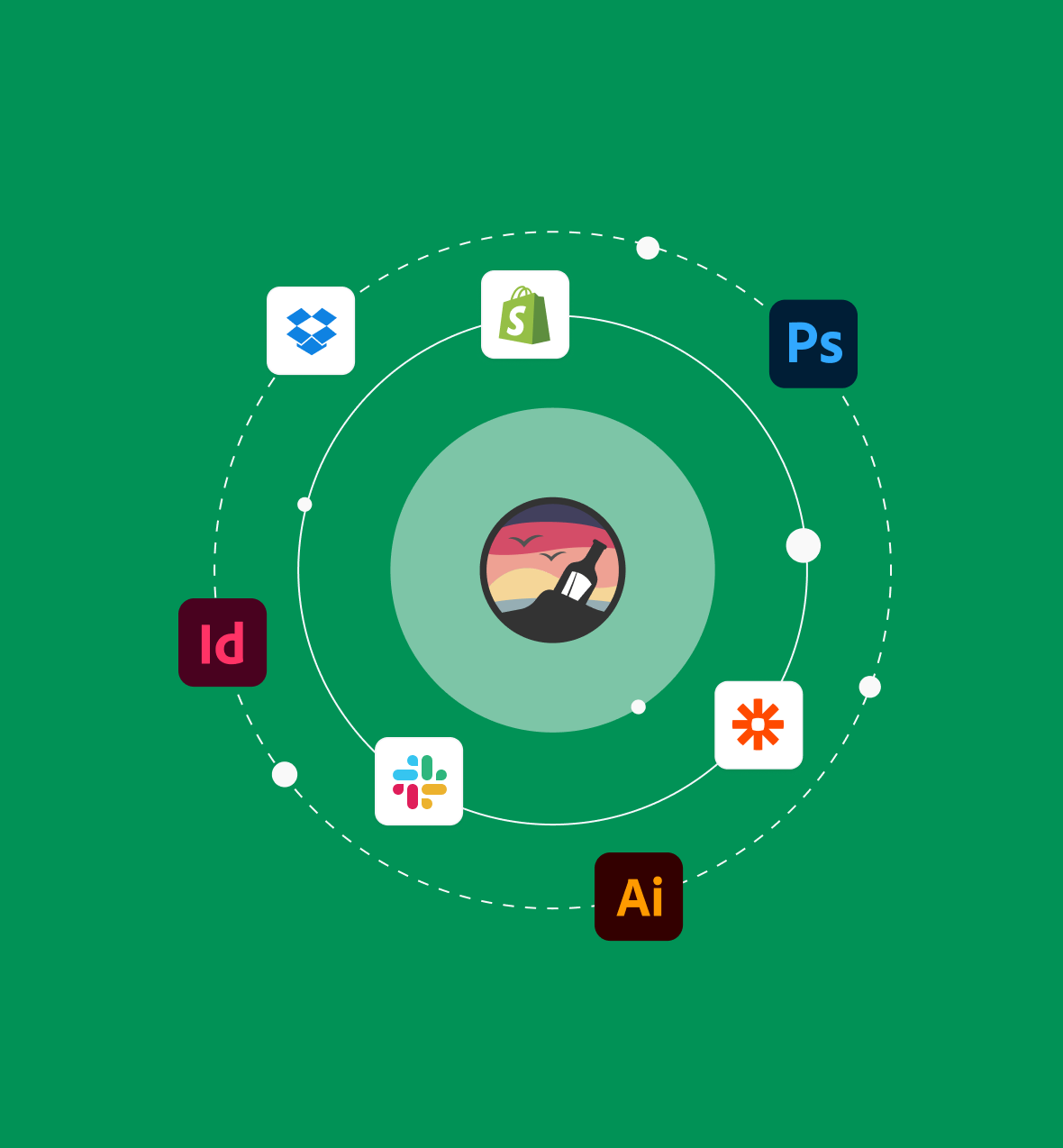 Ashore Integrations interface showing connections to Adobe Creative Suite, Slack, Dropbox, and other platforms